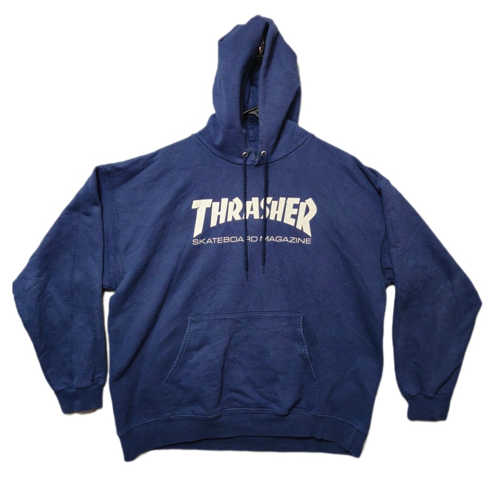 Thrasher Skateboard Hoodie Mens Large Navy Blue Logo Pullover Sweatshirt Retro